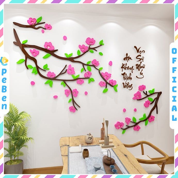 Tranh mica EPeBen dán tường nổi 3d hình Hoa Đào An Khang Thịnh Vượng Vạn Sự Như Ý decor trang trí Nhà Cửa, Phòng Bếp