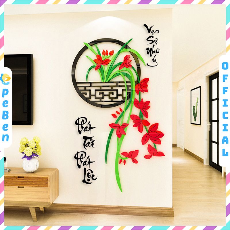 Tranh mica EPeBen dán tường nổi 3d hình hoa lan Vạn Sự Như Ý Phát Tài Phát Lộc trang trí Nhà Cửa, Phòng Bếp thư pháp