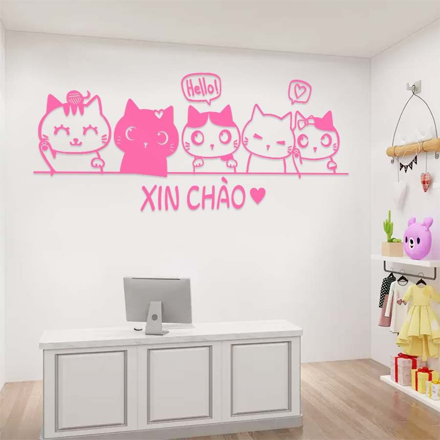 Tranh mica EPeBen dán tường nổi 3d hình 5 Chú Mèo Xin Chào decor Trang Trí Cửa Hàng,Quán ăn,phòng ngủ ,phòng khách