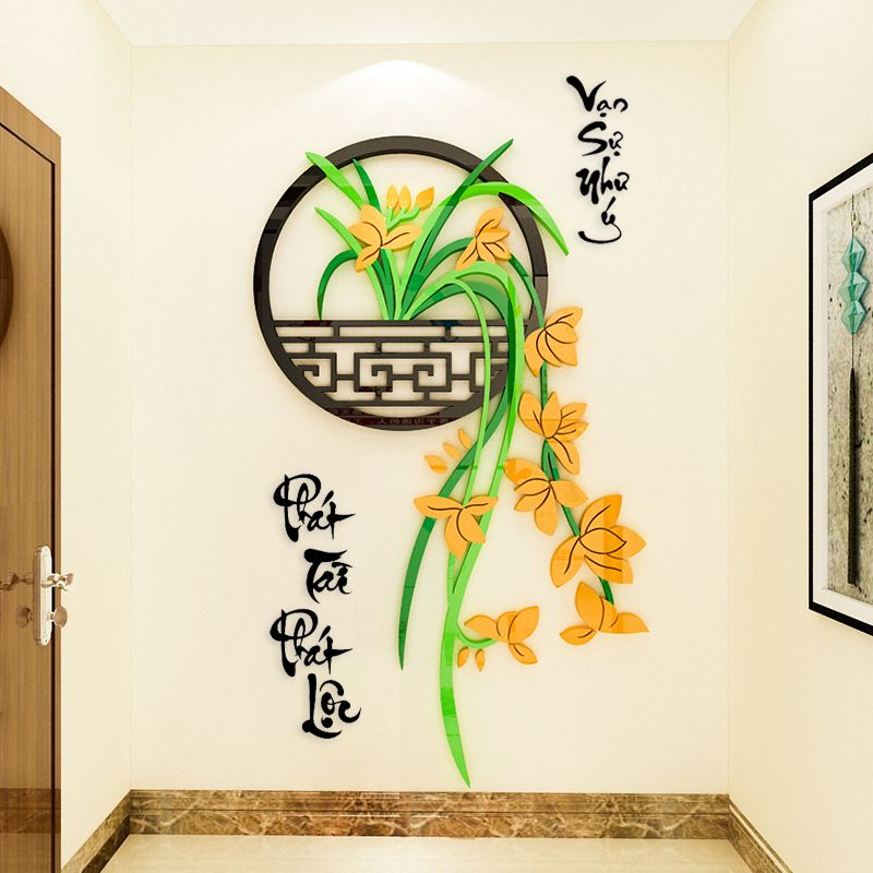 Tranh mica EPeBen dán tường nổi 3d hình hoa lan Vạn Sự Như Ý Phát Tài Phát Lộc trang trí Nhà Cửa, Phòng Bếp thư pháp