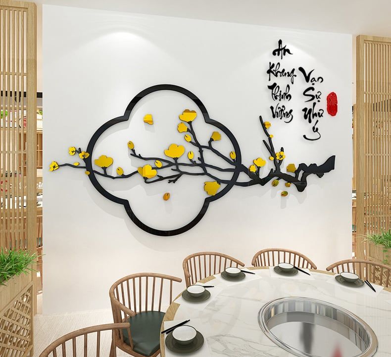 Tranh mica EPeBen dán tường nổi 3d hình chim hạc thư pháp tiếng việt Mùa Xuân cây hoa đào trang trí Nhà Cửa, Phòng Bếp