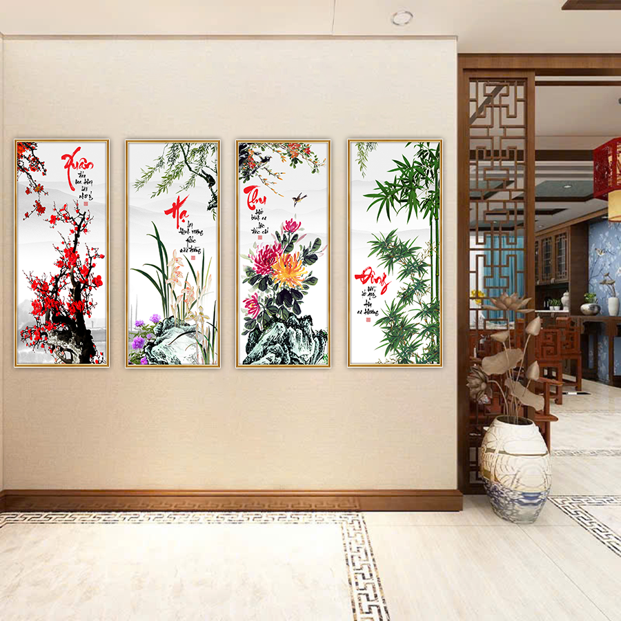 Tranh Fomex EPeBen Hình Tứ Quý, Tùng Cúc Trúc Mai, Hoa Đào, Hoa Mai Trang Trí Nhà Tết 2025