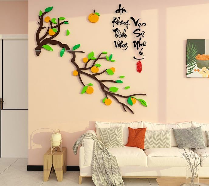 Tranh mica EPeBen dán tường nổi 3d hình chim hạc thư pháp tiếng việt Mùa Xuân cây hoa đào trang trí Nhà Cửa, Phòng Bếp