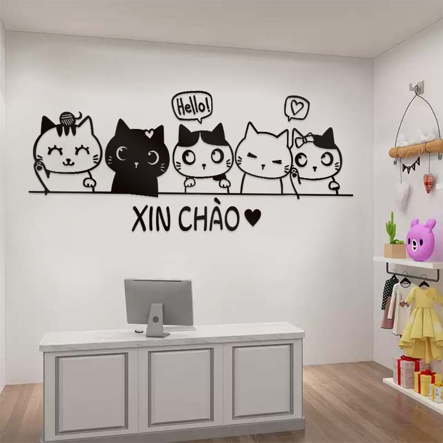 Tranh mica EPeBen dán tường nổi 3d hình 5 Chú Mèo Xin Chào decor Trang Trí Cửa Hàng,Quán ăn,phòng ngủ ,phòng khách