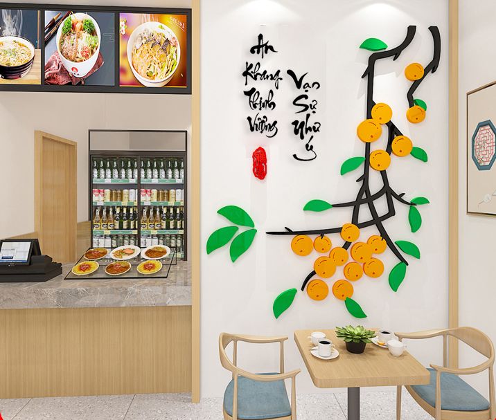 Tranh mica EPeBen dán tường nổi 3d hình chim hạc thư pháp tiếng việt Mùa Xuân cây hoa đào trang trí Nhà Cửa, Phòng Bếp