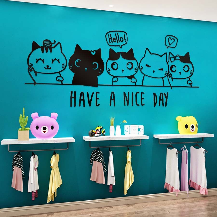 Tranh mica EPeBen dán tường nổi 3d hình 5 Chú Mèo Xin Chào decor Trang Trí Cửa Hàng,Quán ăn,phòng ngủ ,phòng khách