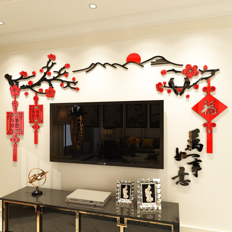 Tranh mica EPeBen dán tường nổi 3d hình ngọn núi, mặt trời chữ phúc décor phòng khách, decor trang trí quanh tivi
