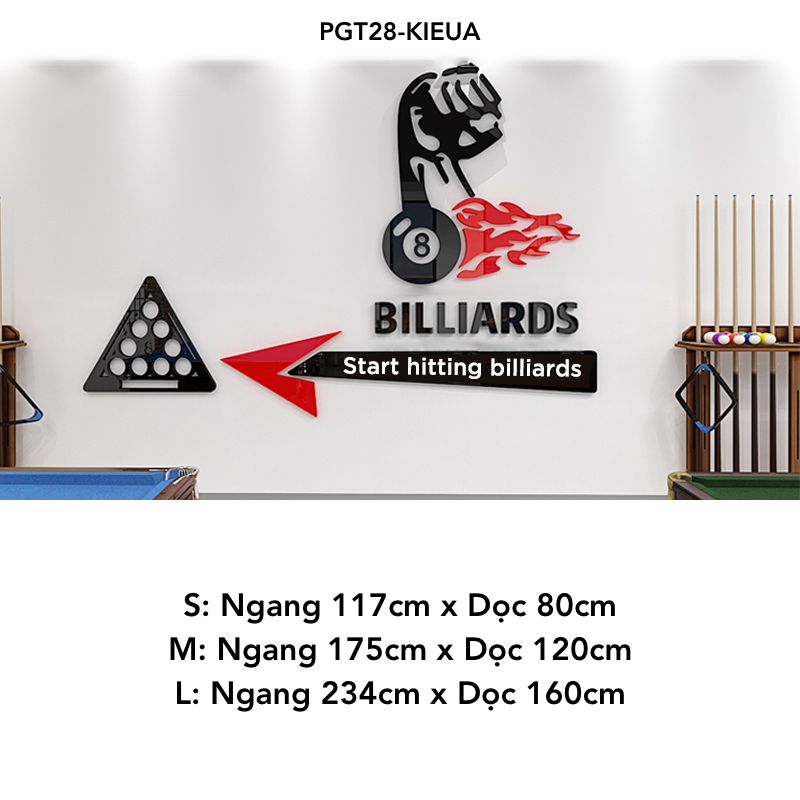 Tranh mica nổi 3d dán tường Logo quán Bi-a Billiard trang trí CLB Bida, cơ thủ, Phòng Game - EPeBen