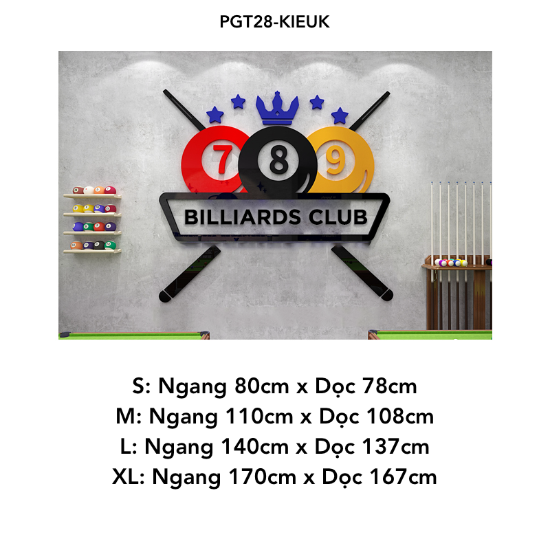 Tranh mica nổi 3d dán tường Logo quán Bi-a Billiard trang trí CLB Bida, Phòng Game - EPeBen