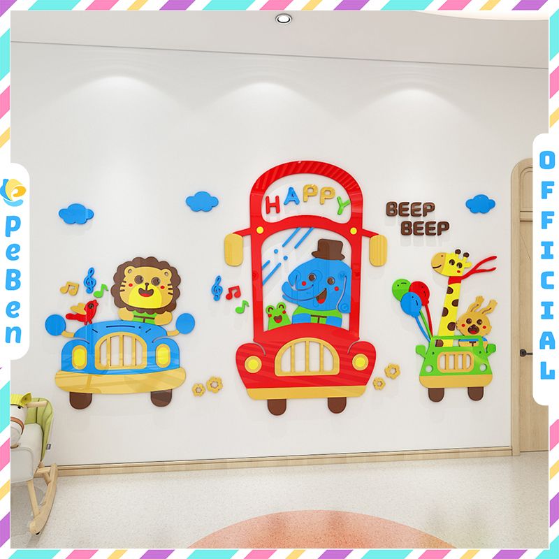 Tranh mica EPeBen dán tường nổi 3d hình Ô Tô Động Vật Beep Beep decor trang trí Phòng ngủ cho bé, Lớp Học Mẫu giáo