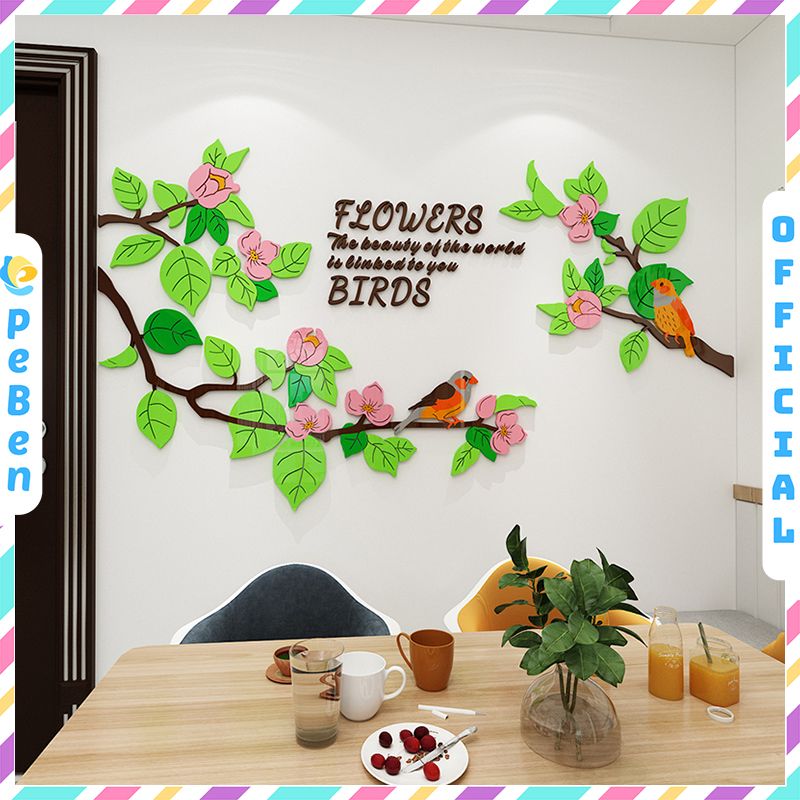 Tranh mica EPeBen dán tường nổi 3d hình Chim đậu cành hoa décor, trang trí Phòng Ngủ, Phòng Khách, Phòng Bếp