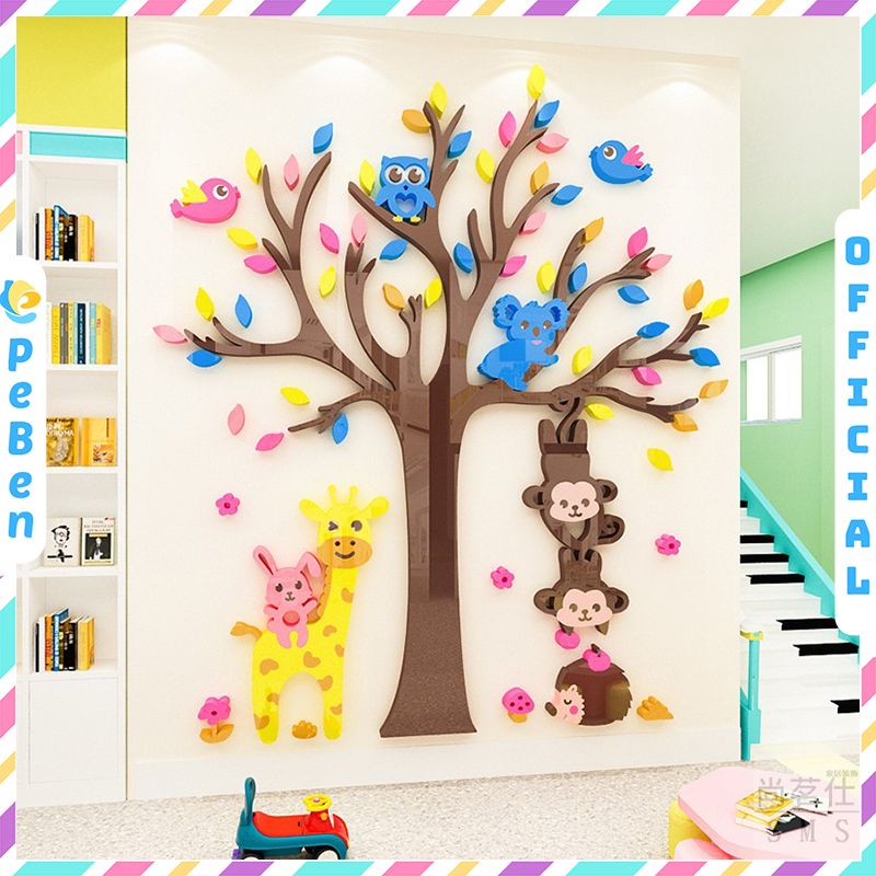 Tranh mica EPeBen dán tường nổi 3d hình Cây trái tim chim khỉ khung ảnh Kỷ Niệm decor trang trí Mầm Non, Mẫu Giáo