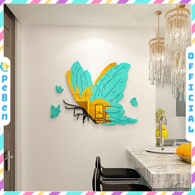 Tranh mica nổi 3d dán tường Con Bướm xanh vàng tráng gương trang trí Phòng Khách, Phòng Bếp - EPeBen