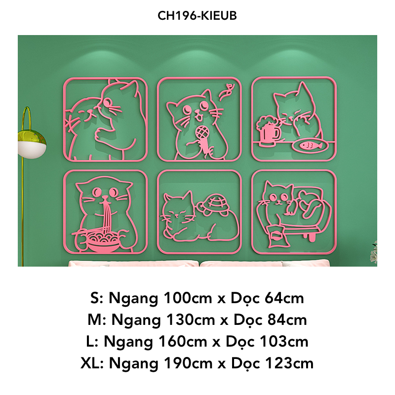 Tranh mica nổi 3d dán tường Mèo sinh hoạt đáng yêu hello trang trí Dán Cửa hàng, Shop Quần Áo, phòng ngủ, trà sữa