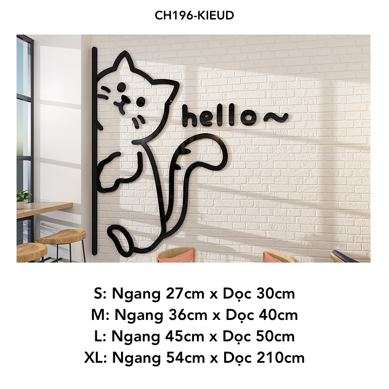 Tranh mica nổi 3d dán tường Mèo sinh hoạt đáng yêu hello trang trí Dán Cửa hàng, Shop Quần Áo, phòng ngủ, trà sữa
