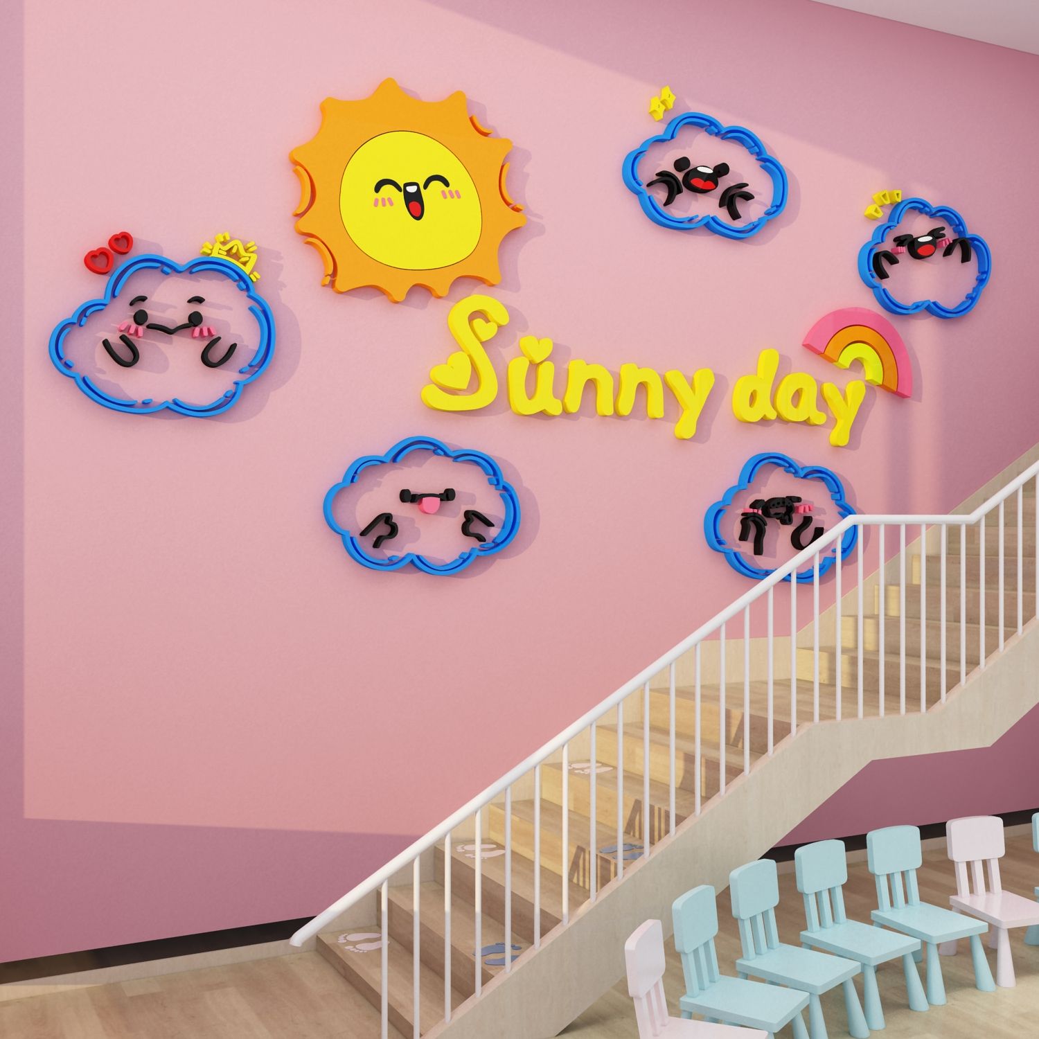Tranh mica EPeBen dán tường nổi 3d hình Sunny day, mặt trời, đám mây, decor trang trí phòng cho bé, mầm non, mẫu giáo
