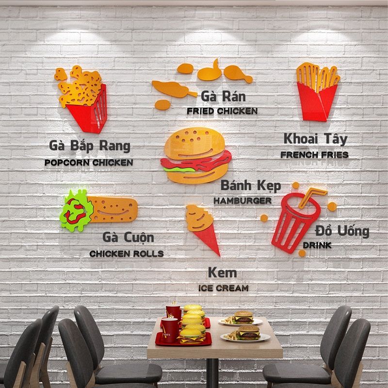 Tranh mica EPeBen dán tường nổi 3d hình đồ ăn nhanh, gà rán, bắp rang, khoai chiên, trang trí quán fastfood, quán nhậu