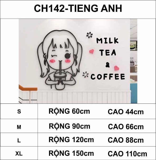 Tranh mica EPeBen dán tường nổi 3d hình cô bé yêu trà sữa decor trang trí trà sữa, quán quán nước