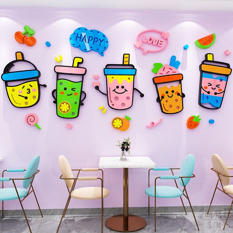 Tranh mica EPeBen dán tường nổi 3d hình love trà sữa, happy milk tea trang trí cửa hàng trà sữa, trà tranh, quán nước