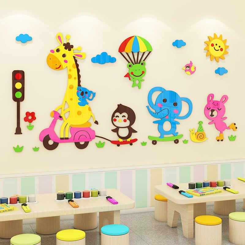 Tranh mica EPeBen dán tường nổi 3d hình hươu, voi, thỏ, chim tham gia giao thông, decor trang trí phòng cho bé, mầm non