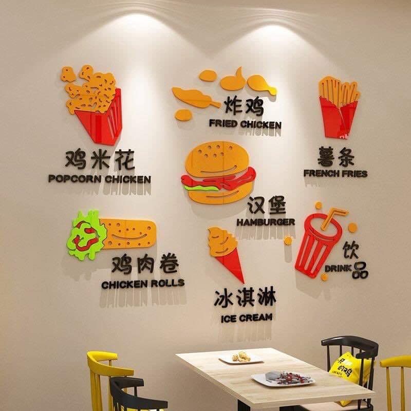 Tranh mica EPeBen dán tường nổi 3d hình đồ ăn nhanh, gà rán, bắp rang, khoai chiên, trang trí quán fastfood, quán nhậu