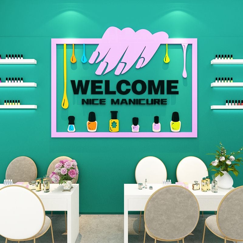 Tranh mica EPeBen dán tường nổi 3d hình Welcome decor trang trí cửa hàng nail, làm móng, tiệm làm đẹp