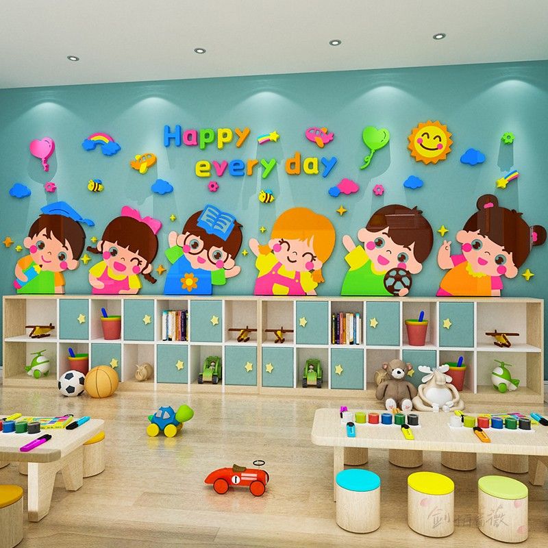 Tranh mica dán tường 3d các bé lớp mẫu giáo lớn, trang trí phòng cho bé, mầm non, khu vui chơi