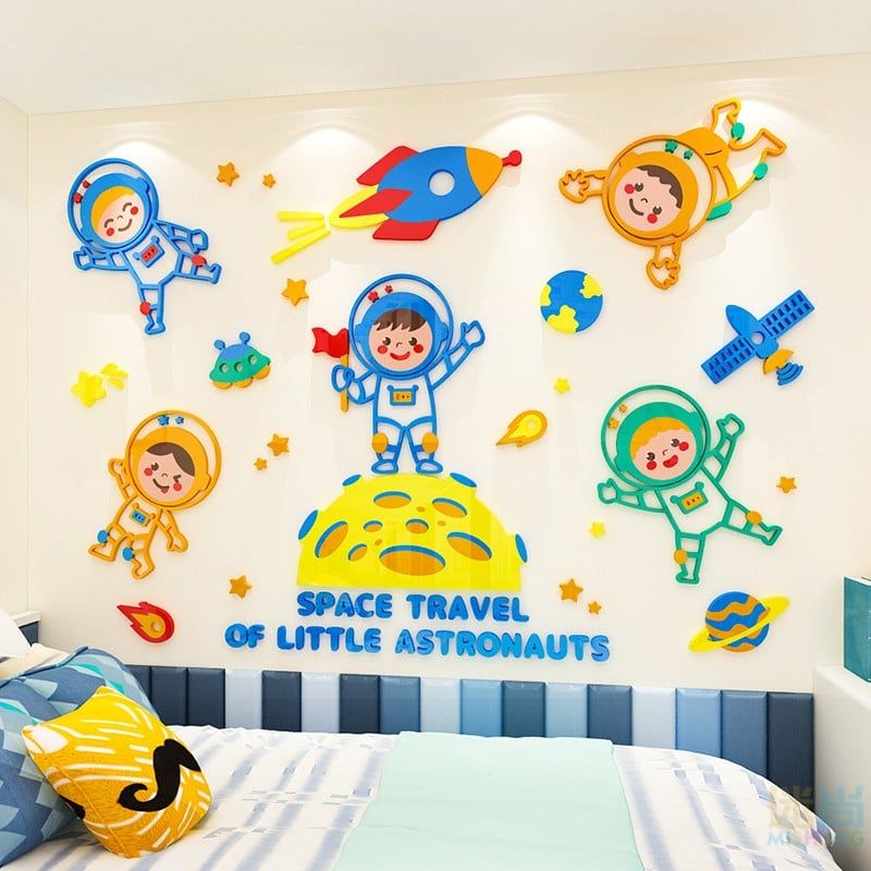 Tranh mica EPeBen dán tường nổi 3d hình em bé phi hành gia du hành không gian vũ trụ hành tinh trang trí phòng cho bé