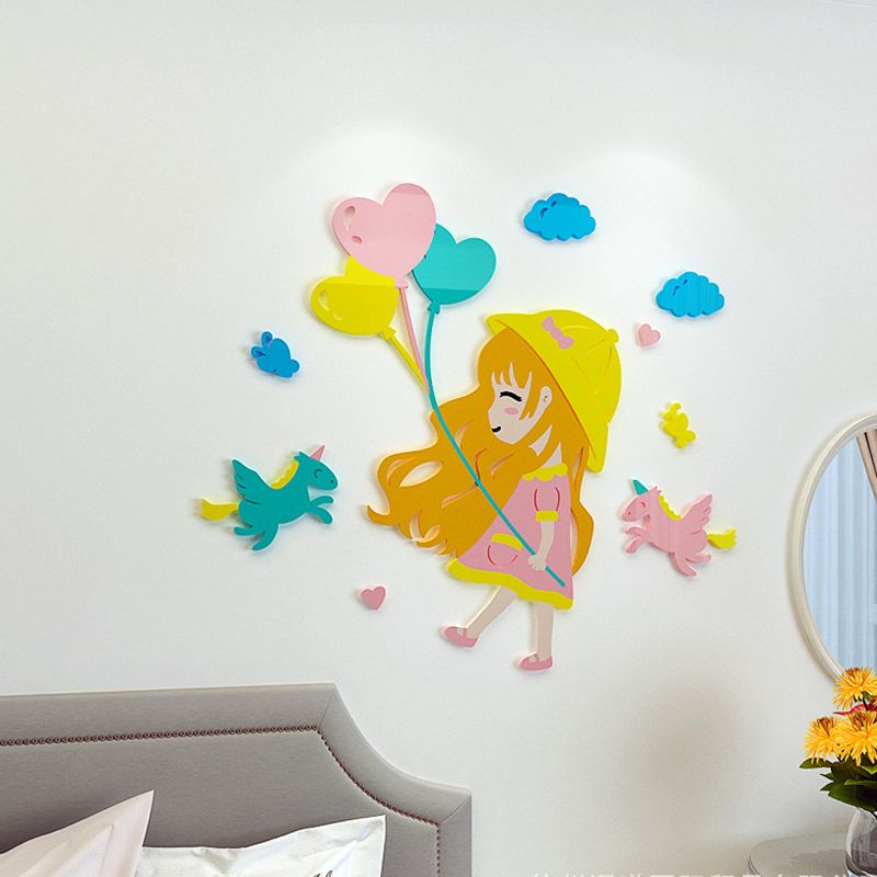 Tranh mica EPeBen dán tường nổi 3d hình Cô Bé Gái Lướt Scooter bóng bay nữ tính decor trang trí Phòng Cho Bé, Phòng Ngủ