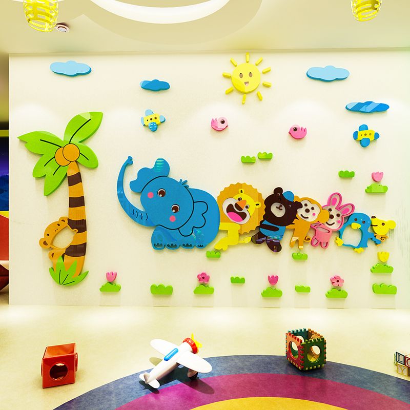 Tranh mica EPeBen dán tường nổi 3d hình bầy thú chơi trốn tìm decor trang trí nhà trẻ, phòng cho bé