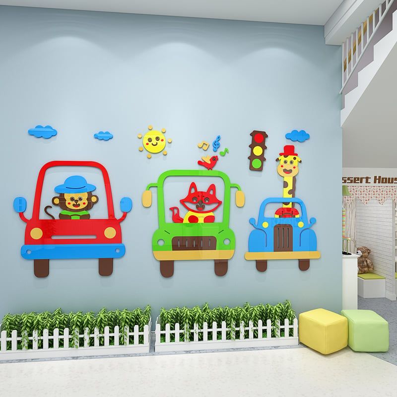 Tranh mica EPeBen dán tường nổi 3d hình Ô Tô Động Vật Beep Beep decor trang trí Phòng ngủ cho bé, Lớp Học Mẫu giáo