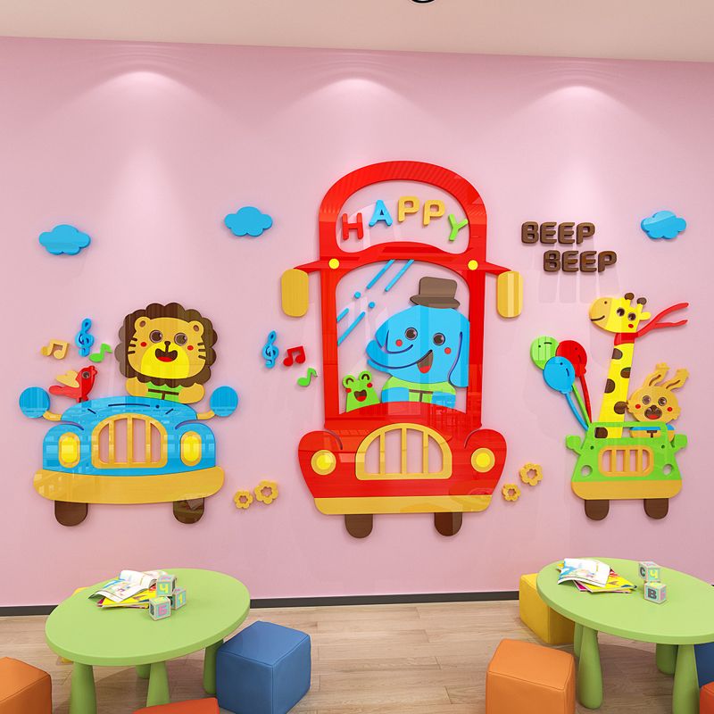 Tranh mica EPeBen dán tường nổi 3d hình Ô Tô Động Vật Beep Beep decor trang trí Phòng ngủ cho bé, Lớp Học Mẫu giáo