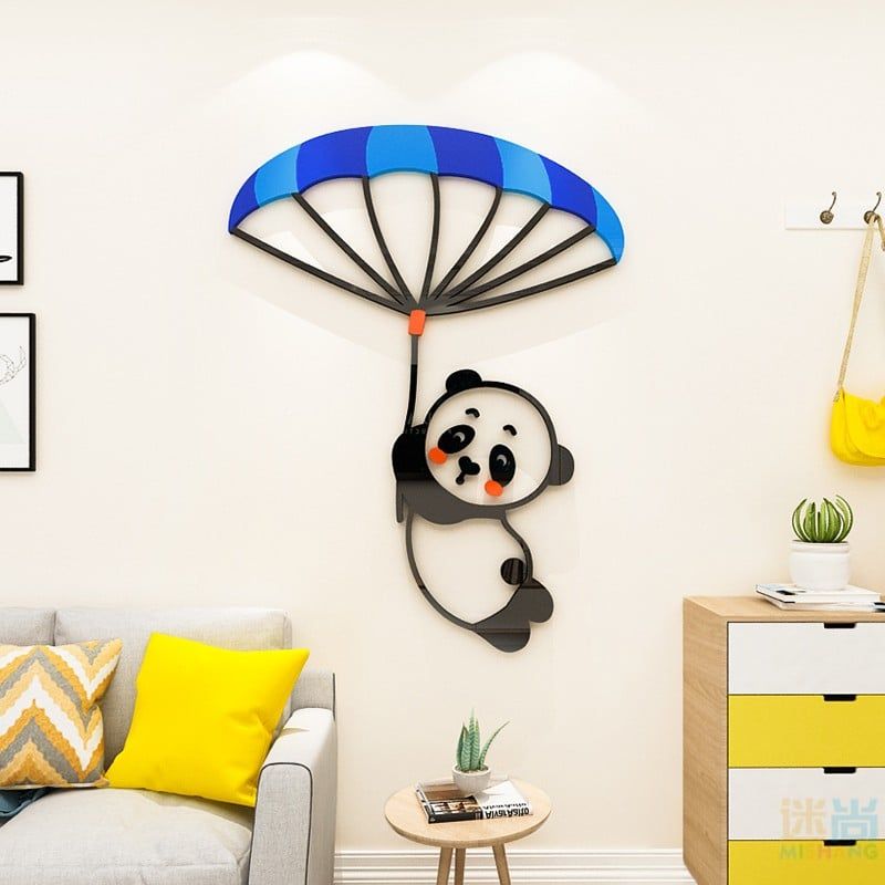Tranh mica EPeBen dán tường nổi 3d hình Gấu Trúc dù bóng Dễ Thương decor trang trí Phòng Cho Bé, Phòng Ngủ