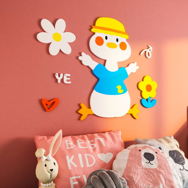 Tranh mica EPeBen dán tường nổi 3d hình Vịt Dễ Thương (có hoa và chữ xung quanh) decor trang trí Phòng Cho Bé, Mẫu Giáo