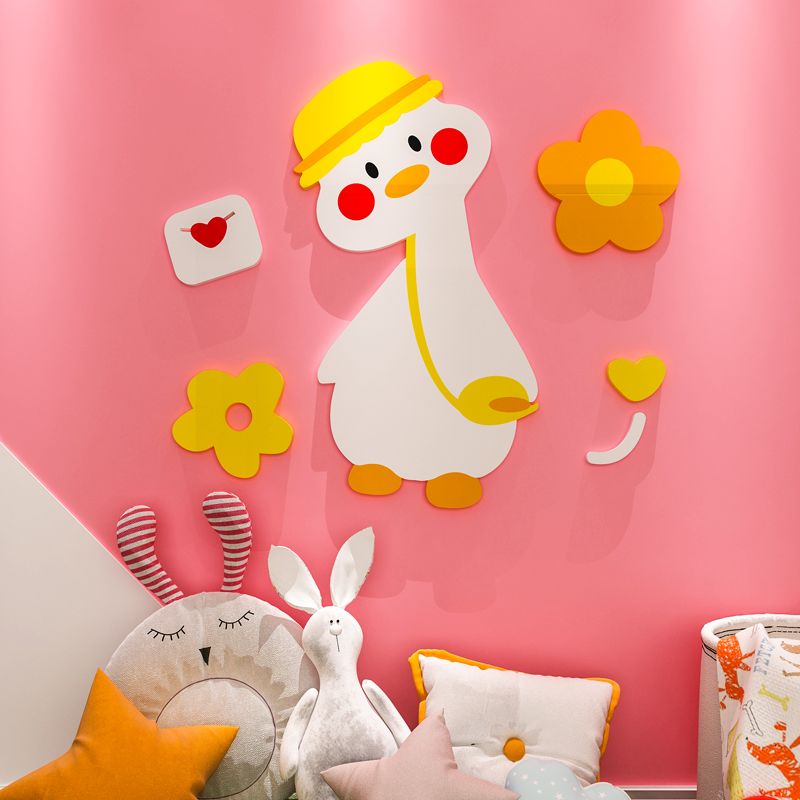 Tranh mica EPeBen dán tường nổi 3d hình Vịt Dễ Thương (có hoa và chữ xung quanh) decor trang trí Phòng Cho Bé, Mẫu Giáo