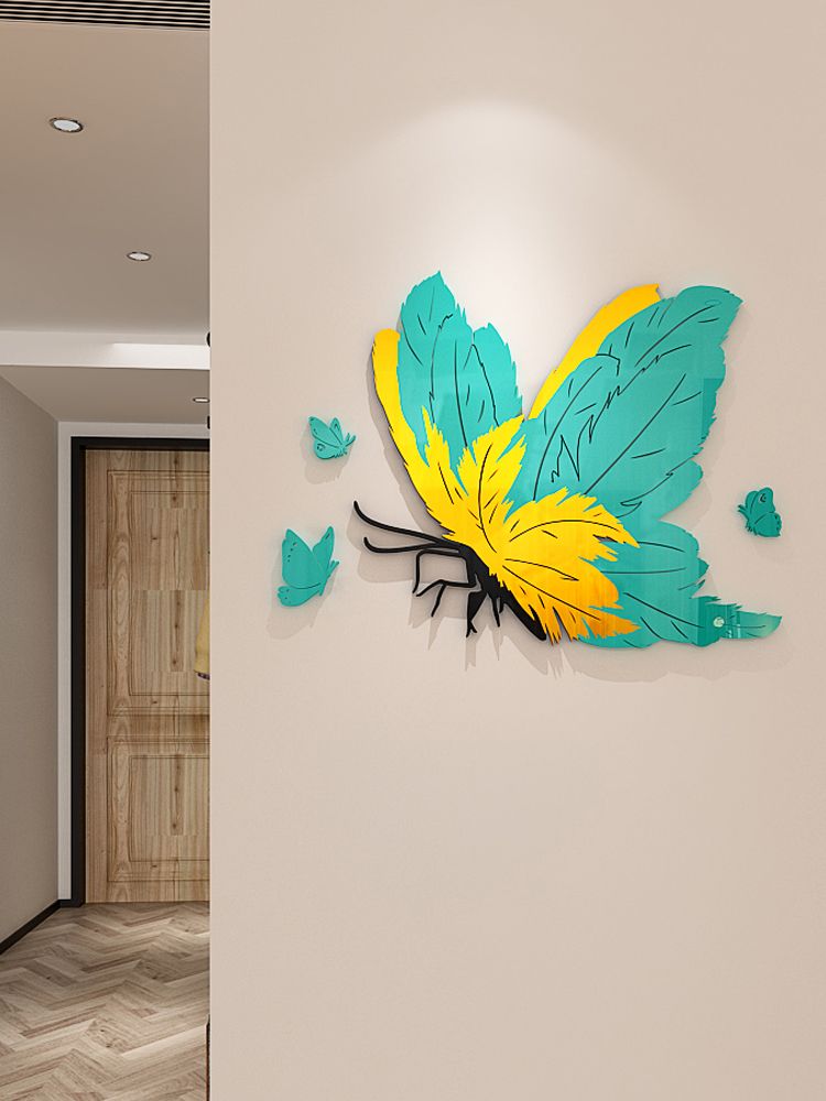Tranh mica nổi 3d dán tường Con Bướm xanh vàng tráng gương trang trí Phòng Khách, Phòng Bếp - EPeBen