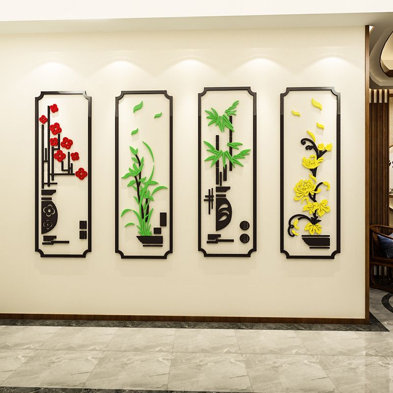 Tranh mica EPeBen dán tường nổi 3d hình Chậu Hoa Đào Cúc Trúc Mai tứ quý decor trang trí Nhà Cửa, Phòng Bếp