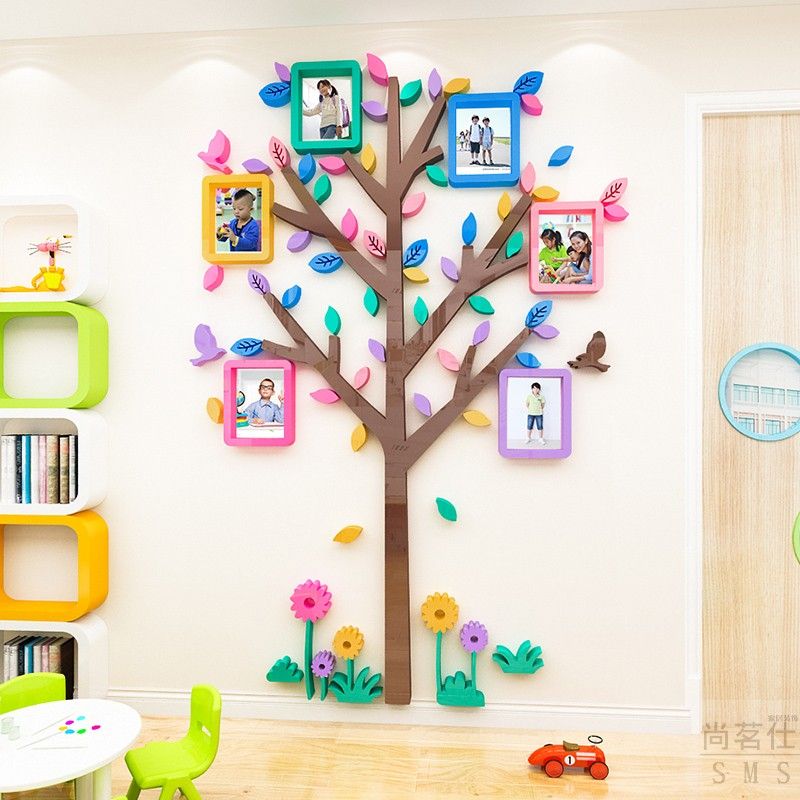 Tranh mica EPeBen dán tường nổi 3d hình Cây trái tim chim khỉ khung ảnh Kỷ Niệm decor trang trí Mầm Non, Mẫu Giáo