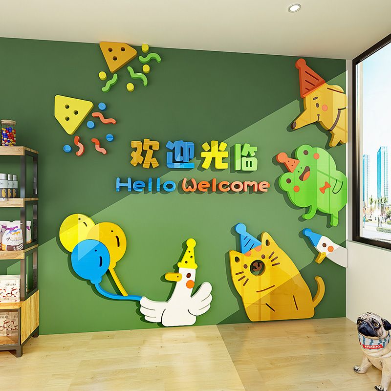 Tranh mica EPeBen dán tường nổi 3d hình gấu con mèo con Welcome decor trang trí cửa ra vào, cửa kính quán nước, cửa hàng