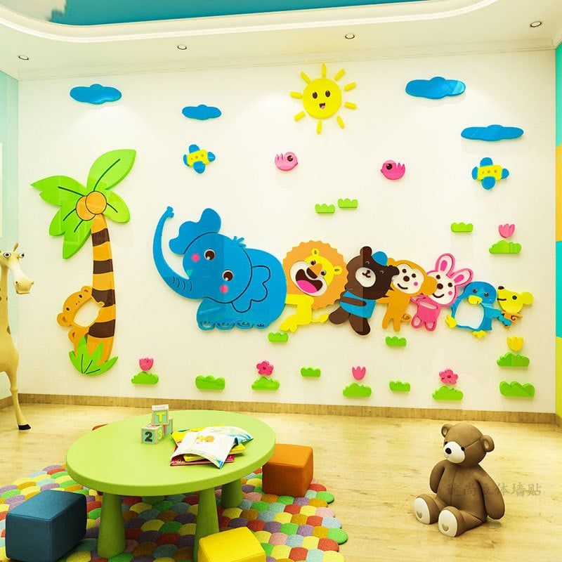 Tranh mica EPeBen dán tường nổi 3d hình bầy thú chơi trốn tìm decor trang trí nhà trẻ, phòng cho bé
