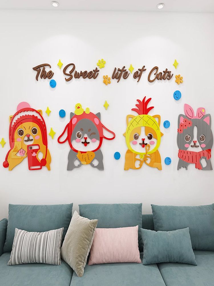Tranh mica nổi 3d dán tường Các Con Vật chó mèo gà thỏ và Các Bé happy cats animal trang trí Mầm Non, Mẫu Giáo - EPeBen