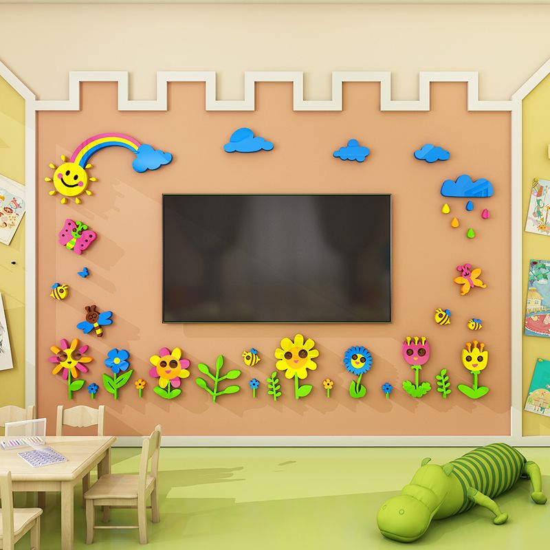 Tranh mica EPeBen dán tường nổi 3d Hình các con vật, hoa lá decor trang trí quanh bảng từ, quanh tivi mầm non, Lớp học