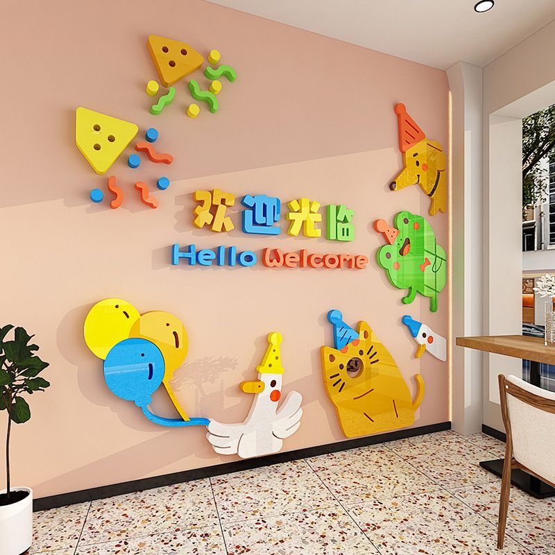 Tranh mica EPeBen dán tường nổi 3d hình gấu con mèo con Welcome decor trang trí cửa ra vào, cửa kính quán nước, cửa hàng