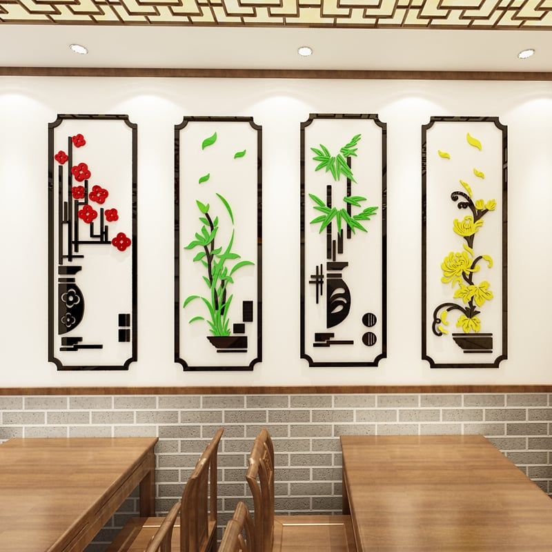 Tranh mica EPeBen dán tường nổi 3d hình Chậu Hoa Đào Cúc Trúc Mai tứ quý decor trang trí Nhà Cửa, Phòng Bếp