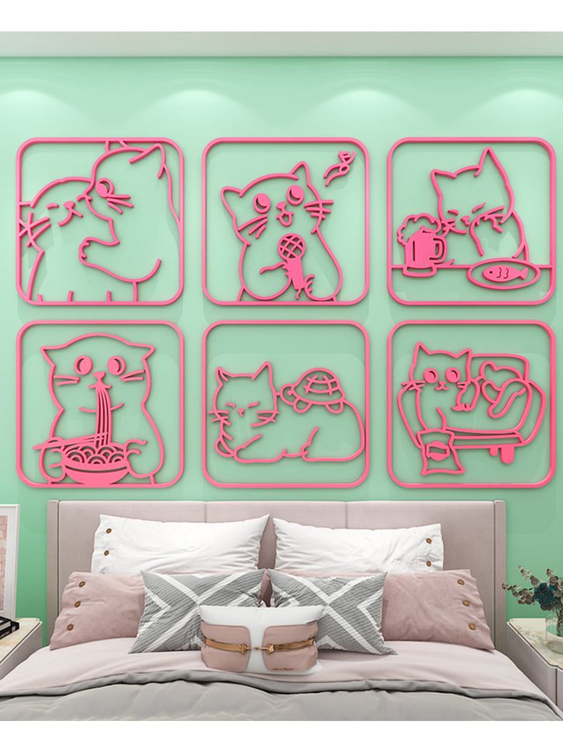 Tranh mica nổi 3d dán tường Mèo sinh hoạt đáng yêu hello trang trí Dán Cửa hàng, Shop Quần Áo, phòng ngủ, trà sữa