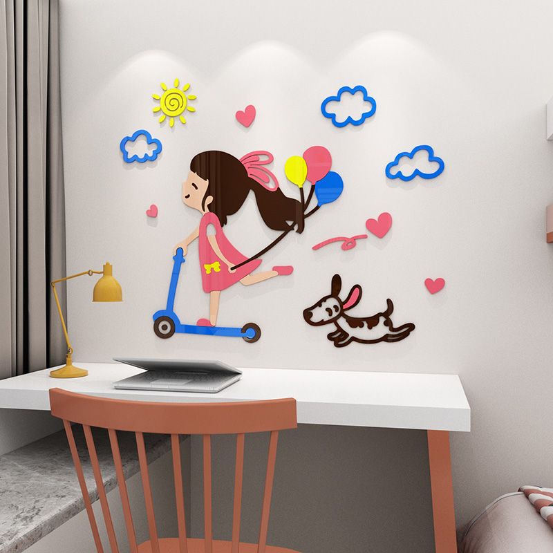 Tranh mica EPeBen dán tường nổi 3d hình Cô Bé Gái Lướt Scooter bóng bay nữ tính decor trang trí Phòng Cho Bé, Phòng Ngủ