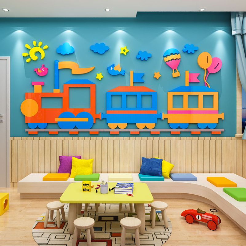 Tranh mica EPeBen dán tường nổi 3d hình tàu hoả cùng động vật decor trang trí Phòng ngủ cho bé, Phòng học lớp Mẫu giáo