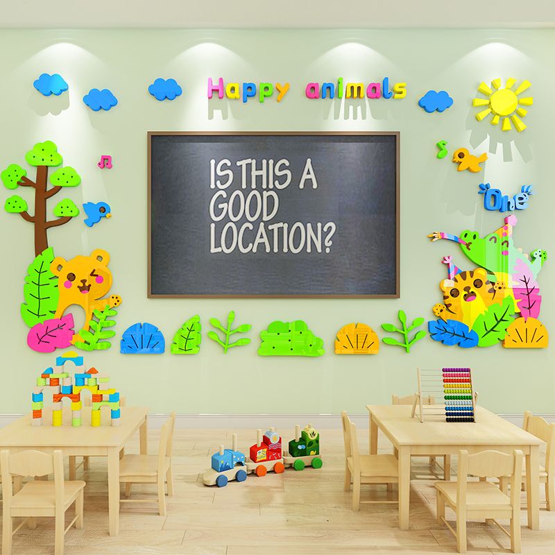 Tranh mica EPeBen dán tường nổi 3d Hình các con vật, hoa lá decor trang trí quanh bảng từ, quanh tivi mầm non, Lớp học