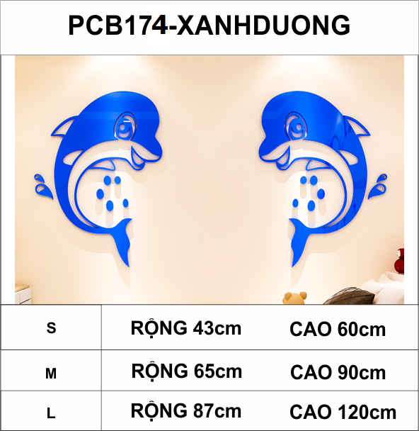 Tranh dán tường mica 3d decor khổ lớn hoạt hình hai chú cá heo xinh xắn