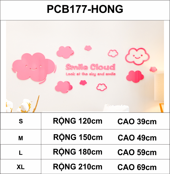 Tranh dán tường mica 3d decor khổ lớn đám mây hoạt hình dễ thương smile cloud